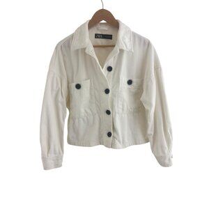 Zara White Corduroy Pocket‎ Jacket Shacket Cropped Size M Fall Winter Casual